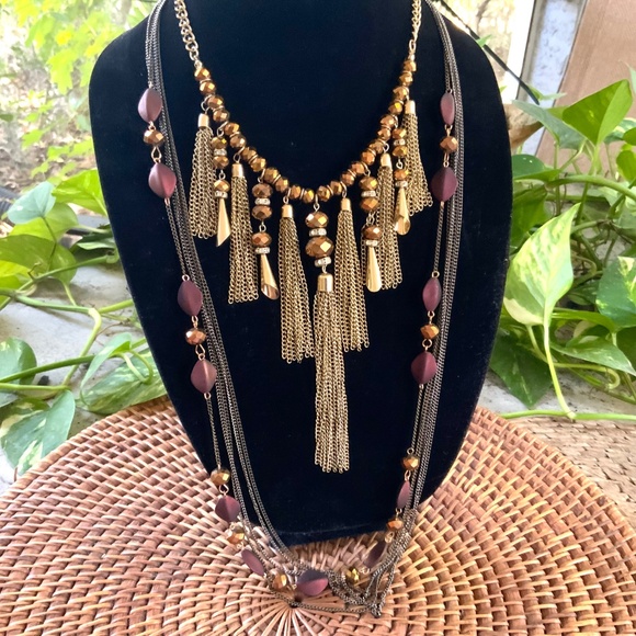 Two Stunning Golden Bronze NECKLACES Gold TASSEL  ⭐️GLASS FACETED BEAD - Picture 11 of 17